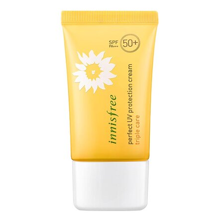 Innisfree Perfect UV Protection Cream Triple Care SPF50+/PA+++ A yellow tube of sunscreen
