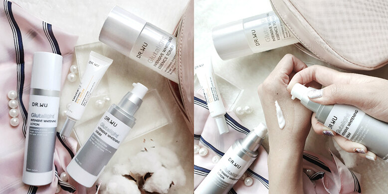 Dr. Wu products A photo collage of Dr. Wu whitening skincare products. On the left is a photo of the white bottles laid with some cotton and beige cloth. On the right, is a shot of someone's hand trying out and swatching the products.