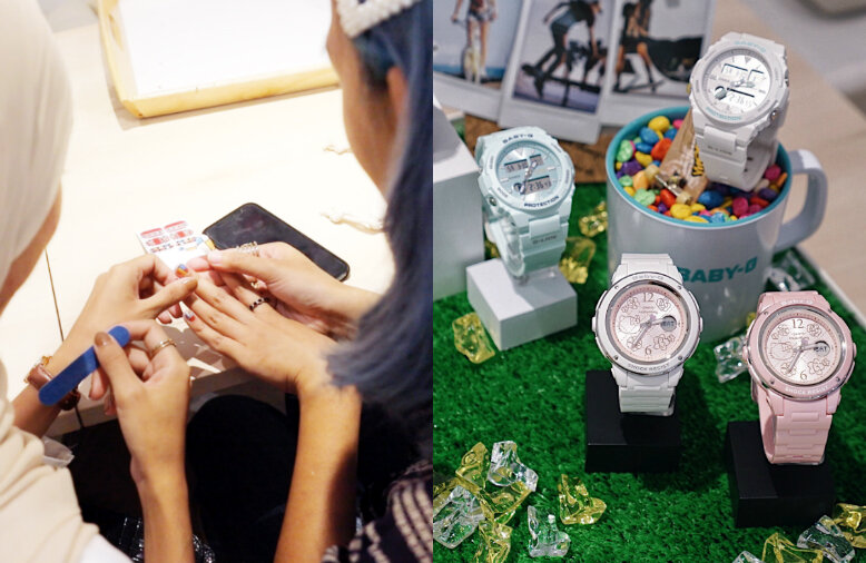 Baby-G by Casio watches and EMMEzing Nails nail wraps On the left is a display of three pale pastel-coloured watches; On the right is a photo of a lady getting her nail done.