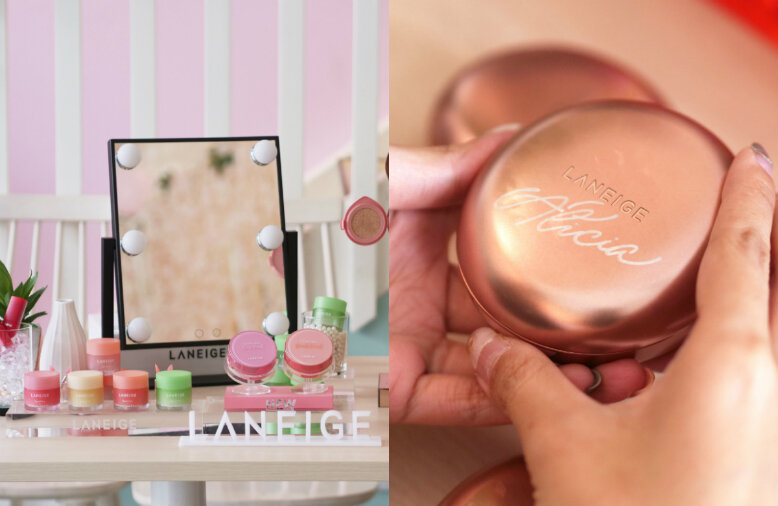LANEIGE booth On the left is a photo of a table with colourful cosmetic products on display; On the right is a close-up of a hand holding a personalised rose-coloured compact foundation.