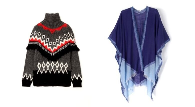 Right: Moncler Charcoal Tassled Jackquard Knit Sweater, GBP620/~USD850 (net-a-porter.com); Left: Echo Surf Club Corner Colorblock Ruana, USD69 (ssilife.com.ph) Right: Moncler Charcoal Tassled Jackquard Knit Sweater, GBP620/~USD850 (net-a-porter.com); Left: Echo Surf Club Corner Colorblock Ruana, USD69 (ssilife.com.ph)