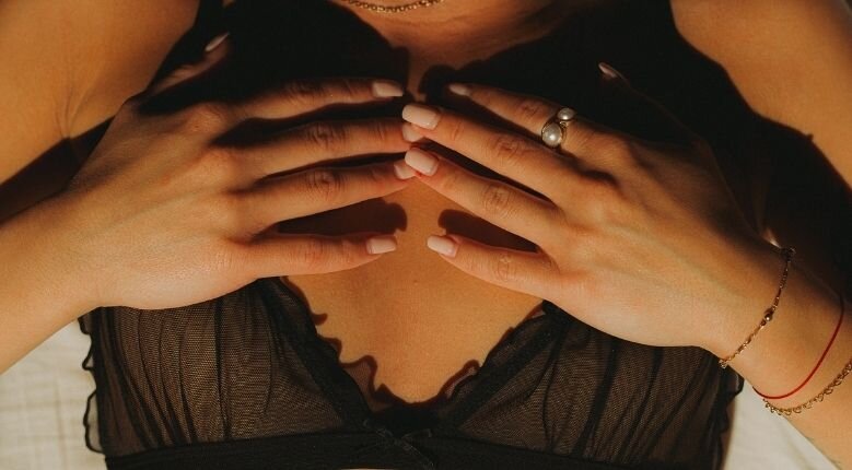 breast cancer awareness Woman wearing brassiere with hands on top of chest