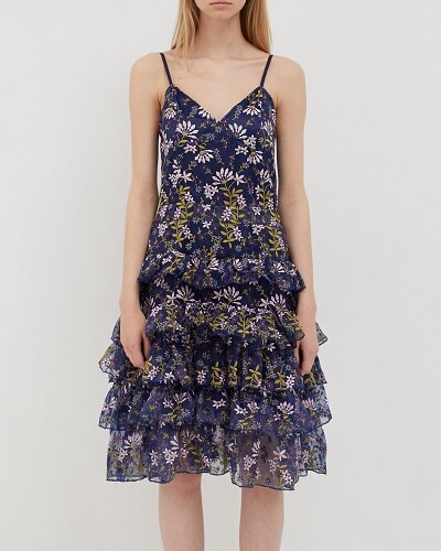 Night Whisper Tier Dress by Jonathan Liang A blue tiered skirt with floral print