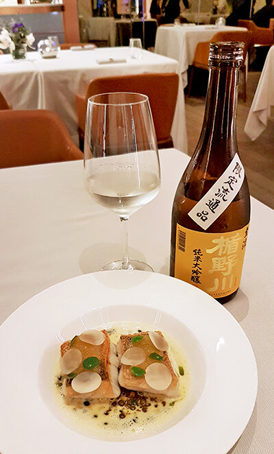 Pan-seared Pike Perch paired with Tatenokawa Junmai Daiginjo Seiryu Sake, a sake-seafood pairing at CURATE