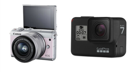 Canon EOS M100 and GoPro HERO7 A pink camera and a black camera