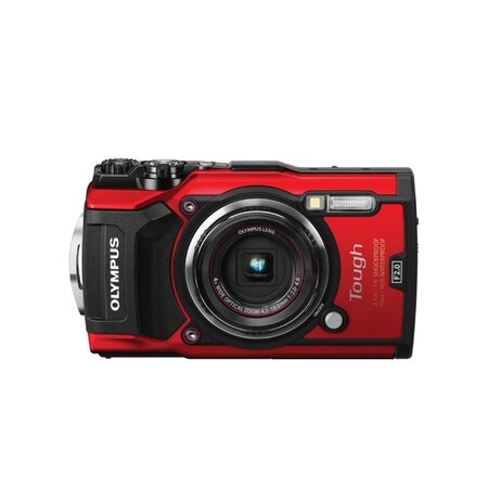 A red waterproof heavy-duty camera