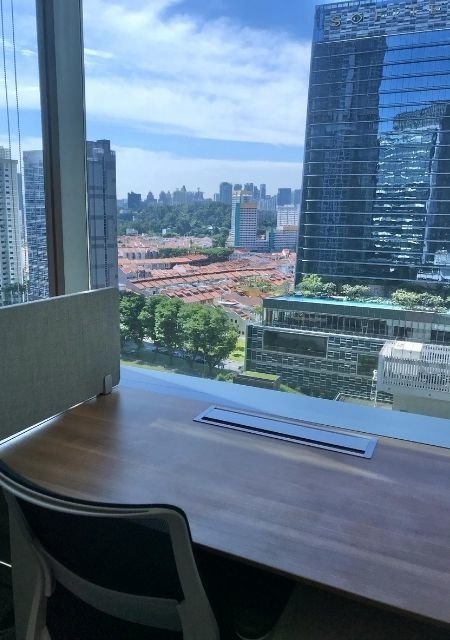 desk with a view of buildings