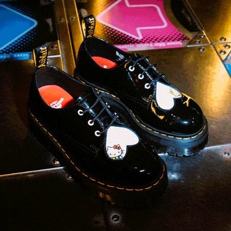 A photo of the platform Oxford shoes in the Dr. Martens x Hello Kitty Collection.