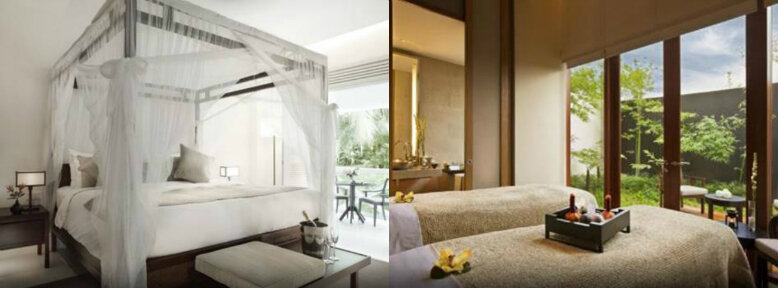 Left: Amara Sanctuary Resort Sentosa; Right: Capella Singapore Bedrooms of 2 resorts