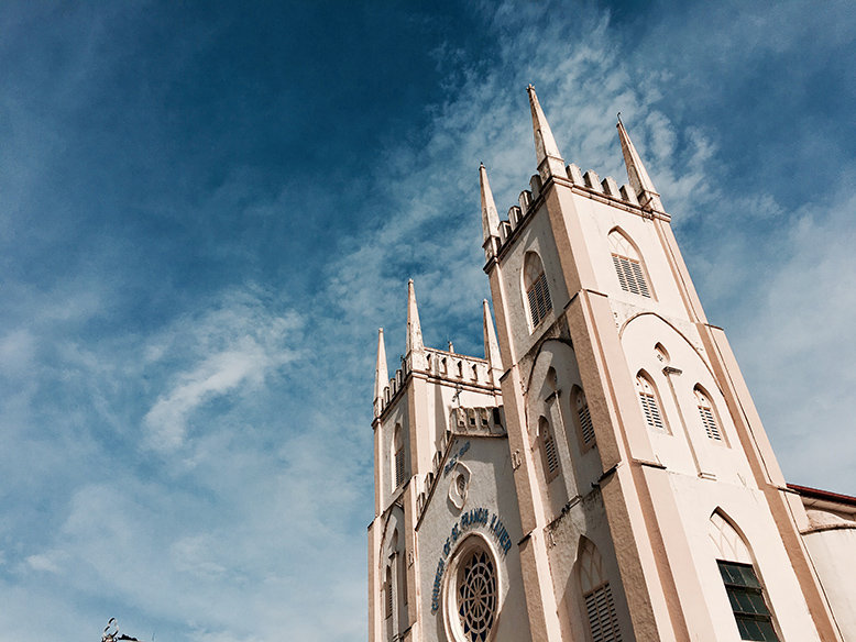 A towering white church in Melaka