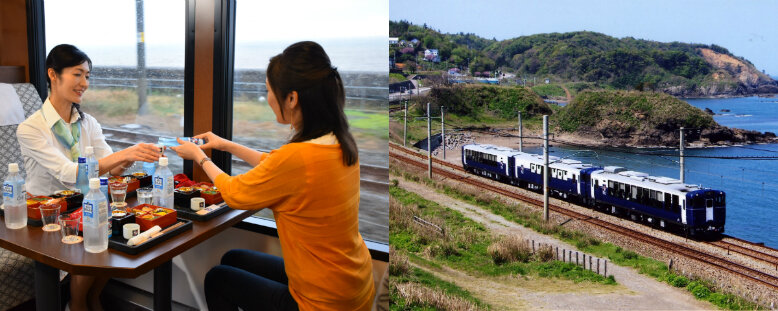 Ladies drinking Niigata sake in a sightseeing train