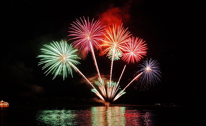 Fireworks light up the sky above Lake Toya in Hokkaido, Japan