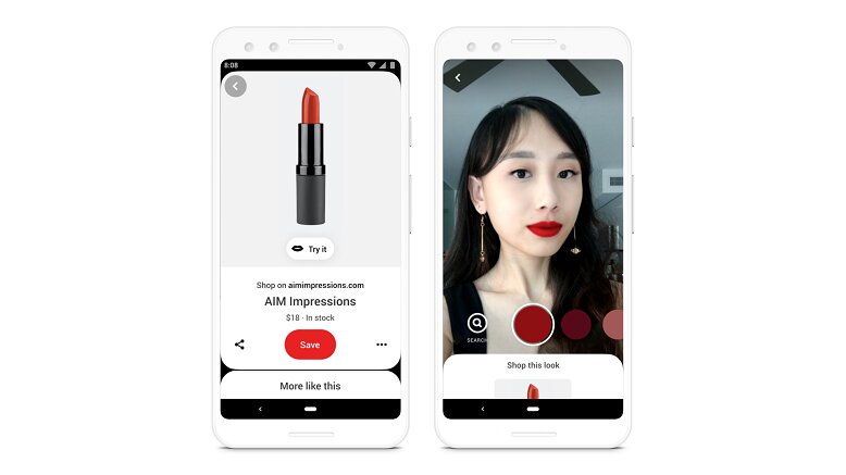 A screenshot of using the Pinterest Try On Makeup Feature Users can try "wearing" the lipstick shades found in Pinterest posts.