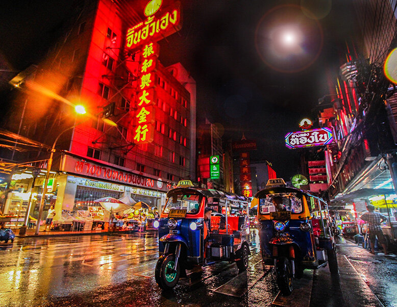 Tuktuks in Bangkok, Thailand at night