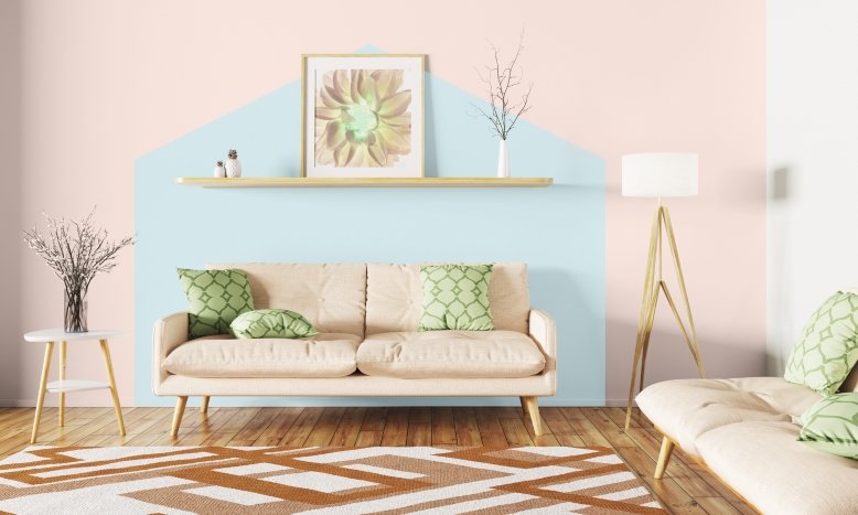 Use of pastel blue and pink Nippon Paint colours to create a simple geometric wall feature
