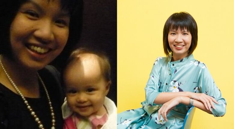 Left: Sher-li in 2009 with her daughter; Right: Sher-li at present as Mums@Work's CEO Left: Sher-li in 2009 with her daughter; Right: Sher-li at present as Mums@Work's CEO