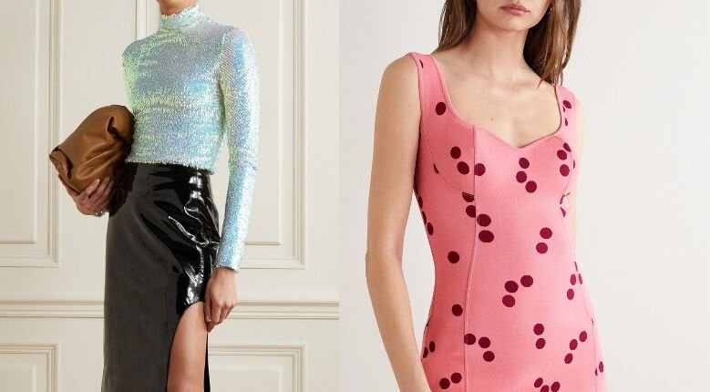 (Left) Awake Mode Clothing Sequined Tulle Turtleneck Top, USD754.90 (Photo from: net-a-porter.com); (Right) Alaia Polka Dot Jacquard Mini Dress, USD2,191.63 (Photo from: net-a-porter.com)