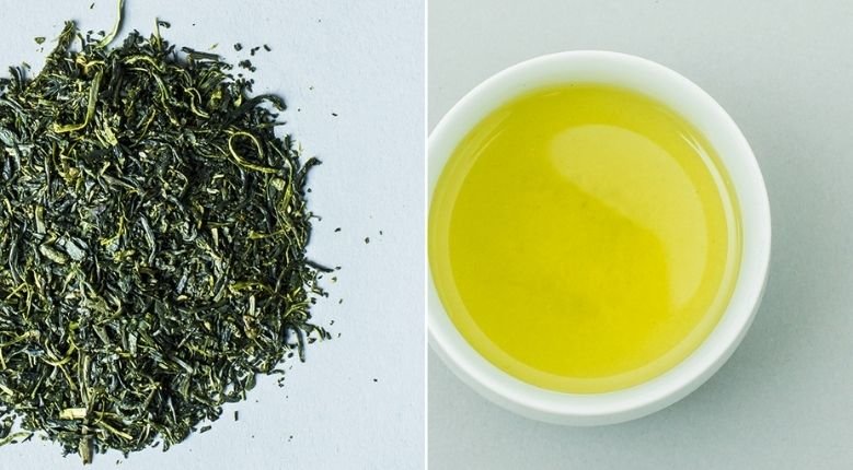 The curly edges of pan-roasted green tea