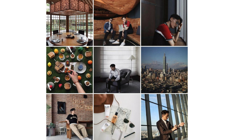 A man's Instagram profile with photos of his outfits, places, and food