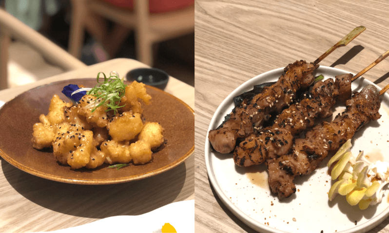 Noka Left: cauliflower tempura; Right: chicken yakitori