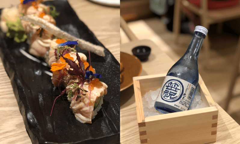 Noka Left: salmon aburi roll; Right: sake