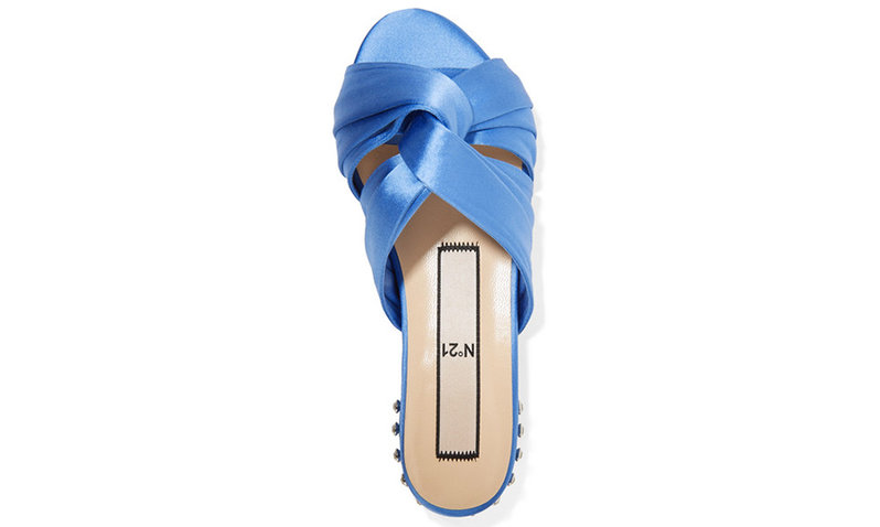 A blue crystal embellished satin sandal