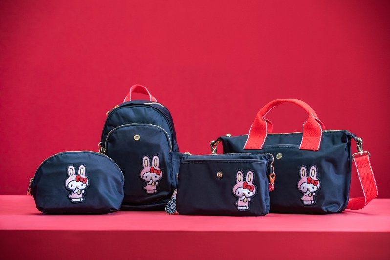 A group shot of the Kipling x Hello Kitty Rabbit Year Collection in Black