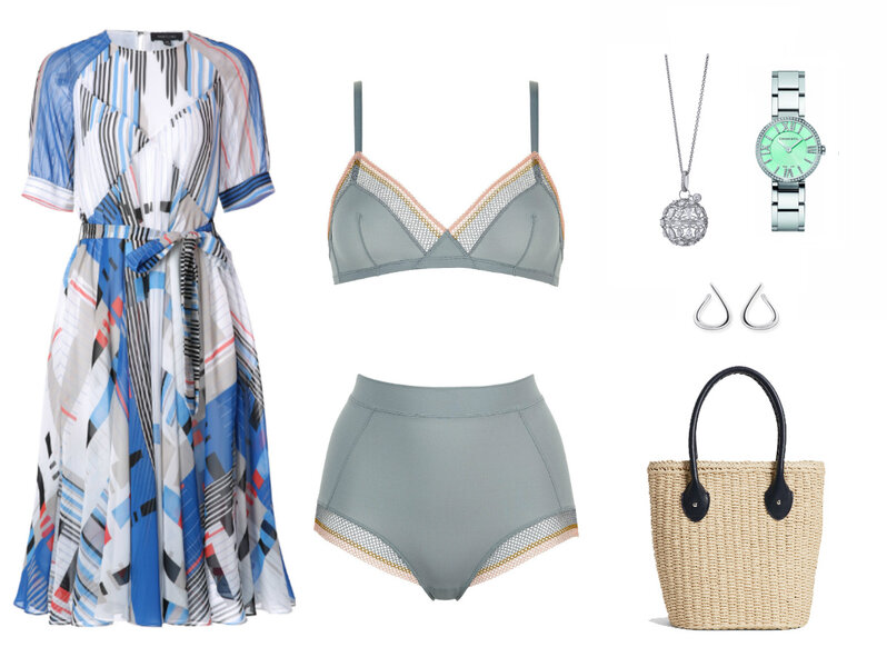 Summer outfit for mom A blue print chiffon dress, grey lingerie, a silver watch, silver pair of earrings, and a rattan handbag