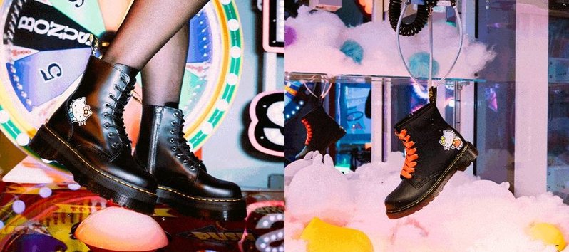 A collage of the boots in the Dr. Martens x Hello Kitty Collection