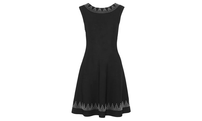 A black a-line dress with its collar and hem studded with triangular designs