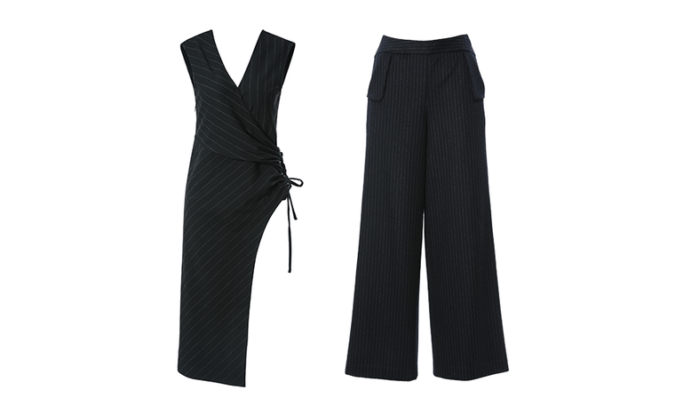 A pinstripe tunic with eyelet detail lace fastening and a matching pinstripe wide leg trousers.