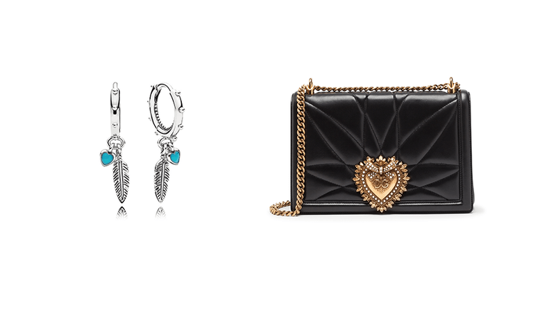 A pair of Pandora high summer Spiritual feathers earrings and a black Dolce & Gabbana devotion bag