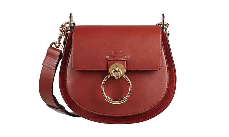 A maroon shiny suede calfskin bag with a round silhouette and a metal front loop.