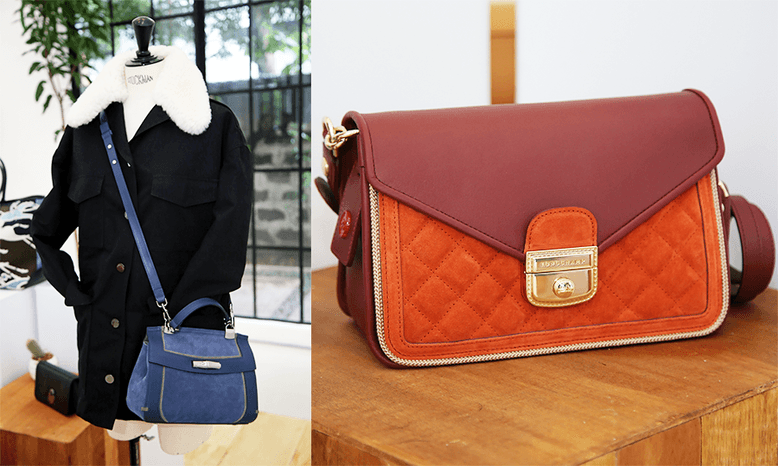 A photo collage with a blue leather crossbody bag on the left and a maroon and orange leather shoulder bag on the right.
