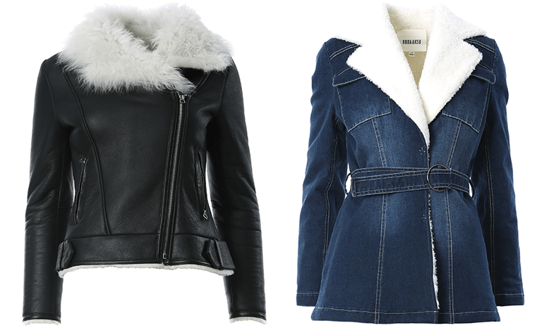 A black leather jacket with fur collar and an open-lapel sheerling denim jacket with belt